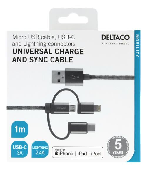Universal Charge and Sync cable, 1m, Micro USB, USB-C, Lightning