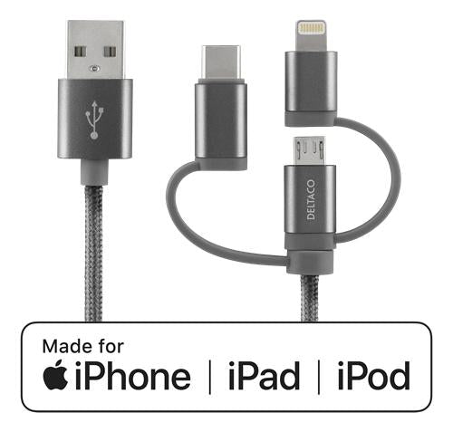 Universal Charge and Sync cable, 1m, Micro USB, USB-C, Lightning