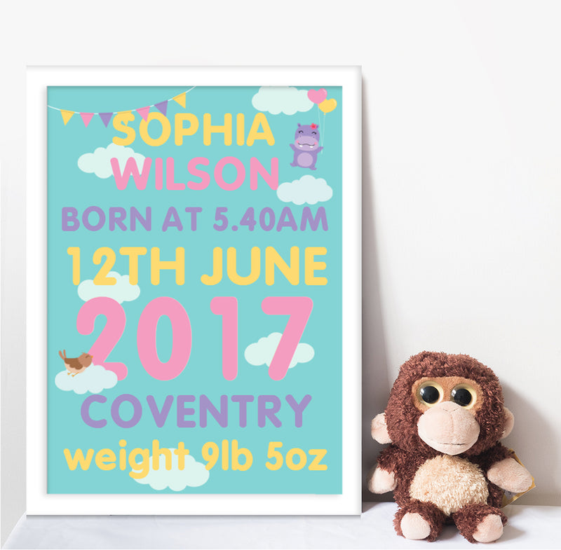 A3 Poster: Cute Hippo with Balloons